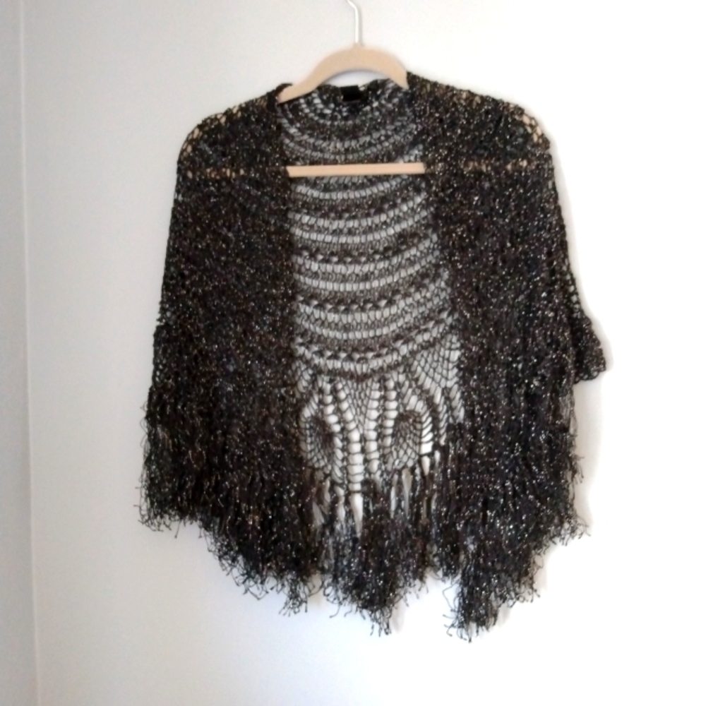 Black Sparkly Shawl Sweater Half moon Crochet Light Bolero Coverup Short Sleeves
